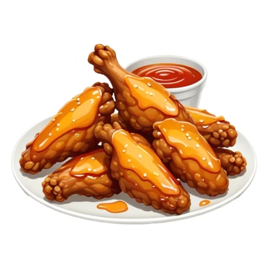 Cinematic crispy chicken wings, golden-brown and glazed with spicy sauce, crunchy coating, juicy inside, piled high with dipping sauce on the side, ultra-realistic and mouthwatering, inviting and bold. sticker