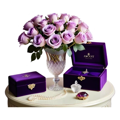 A romantic still life featuring a bouquet of freshly bloomed light violet Ascott tea roses arranged in a crystal vase, accompanied by a deep purple velvet jewelry box partially opened, revealing a pearl necklace inside. A gentle lavender butterfly flutters near the flowers, adding a dreamy touch. An elegant ivory silk ribbon is loosely draped around the arrangement, leading towards an ornate vintage-style perfume flacon in soft pearlescent tones, radiating an air of timeless sophistication sticker