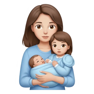 brunette girl with brown hair wearing pastel blue clothes holding a baby sticker