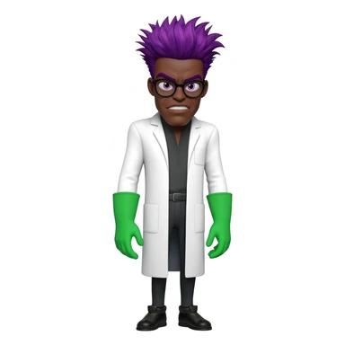 Mad evil scientist black male white cost green gloves glasses purple hair side bold on top very skinny very tall full body sticker