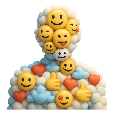 person composed entirely of volumetric emoji clouds, shoulder view, looking straight ahead sticker