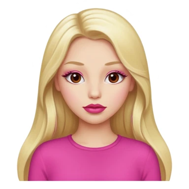a girl with long eyelashes a pink outfit, long blonde hair, and big lips with red lipstick sticker