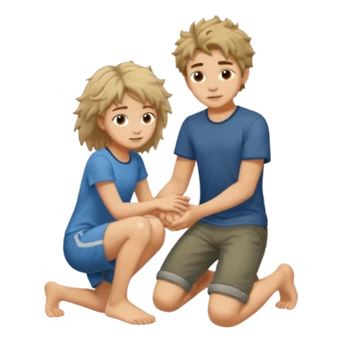 barefooted boy with messy hair putting his foot on a kneeling girl sticker