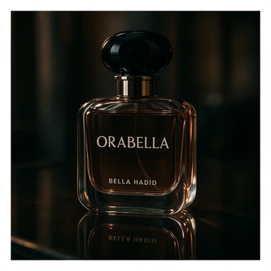 cinematic, realistic 3D rendering of the Orabella fragrance bottle by Bella Hadid, on a reflective surface, sophisticated atmosphere sticker