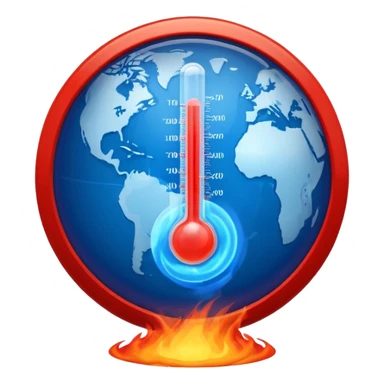 Blue Earth sphere, tilted. Prominent, oversized, fiery red thermometer/gauge, embedded. Indicator peaking 'danger' zone. Stylized orange/red heat waves/wisps rising from top half. Strong blue/red contrast sticker