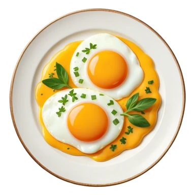 Cinematic sunny-side-up eggs, perfectly cooked with glossy yolks, crispy golden edges, sprinkled with fresh herbs, served on a rustic plate, bright and inviting, highly detailed and appetizing. sticker