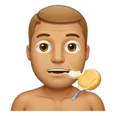 Stocky Tan man with cream on cheek mouth and chest sticker