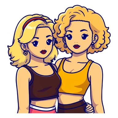 Two teenage girls together, one white with straight blonde hair and one brown-skinned with curly dark hair, both with heavy makeup, big lips, crop tops, gold jewelry and flashy choni style outfits sticker