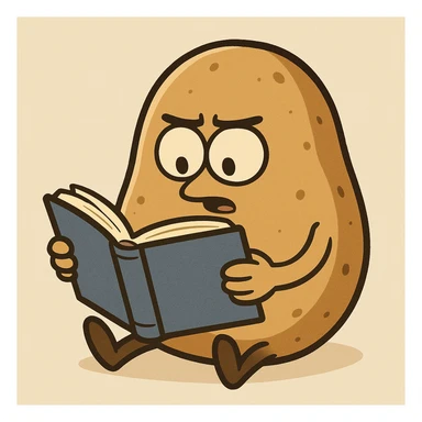 a potato reading a book, cartoon style sticker