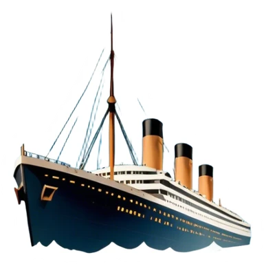 Icon for Titanic Movie: A vintage movie poster-style design featuring a dramatic scene of the ship, the iceberg, and a romantic silhouette of the main couple. Include elements like the ship’s bow, water splashes, and a starry sky in the background. Retro cinematic feel. Transparent background. sticker
