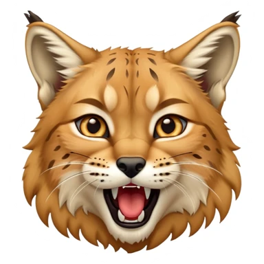 Cinematic-Cute-Yawning-Lynx-Portrait-Emoji – Head tilted slightly with a dramatic, wide-open yawn, revealing a dense golden-brown fur coat with subtle spots, signature black ear tufts standing tall, round amber eyes barely open in drowsy contentment. sticker