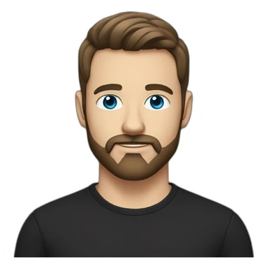 White man with blue eyes and dark brown hair, styled sideways backwards. He has a beard and mustache trimmed and wears a black t-shirt. sticker