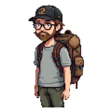 adventurer with goatee beard (no beard on cheeks), short hair, glasses, backwards baseball cap and backpack sticker