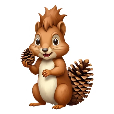 Greedy squirrel with a big pine cone balancing on its head, showing a strange creepy expression, hungry looking sticker
