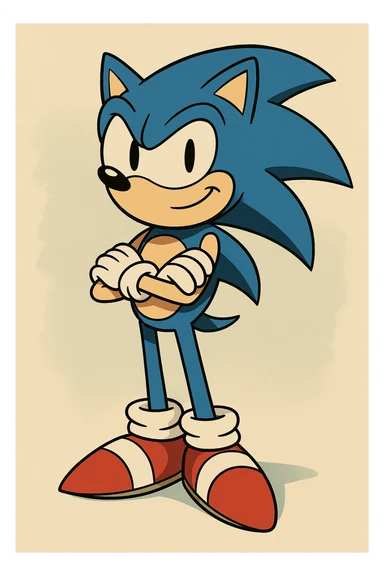 Sonic the Hedgehog, standing with arms crossed, confident, blue spikes, red shoes, modern animation style, vibrant colors sticker