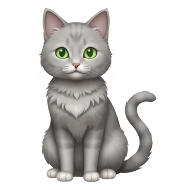 full body view of beautiful female grey cat with green eyes, white paws and white chest sticker