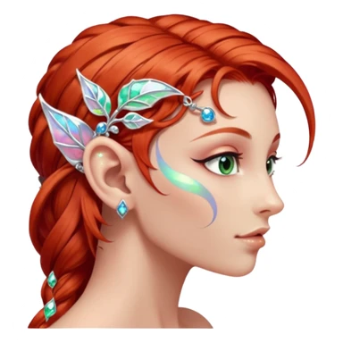 portrait of red haired Elvish fae shiny sparkly iridescent translucent diaphanous ear climber ear cuff sticker