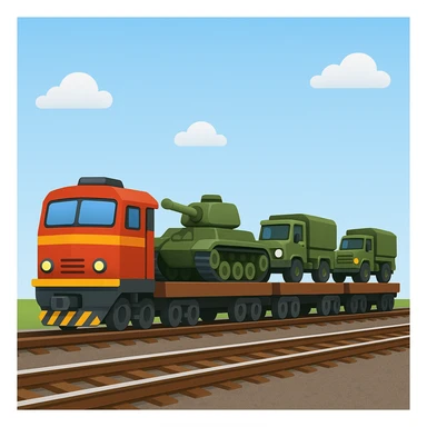 Create a realistic ordinary cargo train transporting military equipment such as tanks and trucks in a classic emoji style. This is variant 3 of the design. sticker