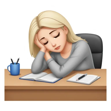 Tired woman leaning head on one hand, elbow on desk sticker