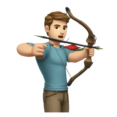 a male archer aiming with a bow looking at his target, wearing a tshirt, brown hair, bright skin, sticker