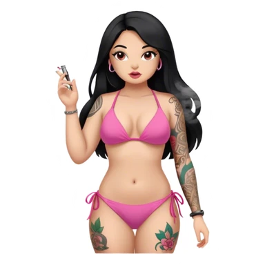 caucasian curvy body girl, with tattoos, in pink bikini, make smoke, with a long straight black hair  sticker