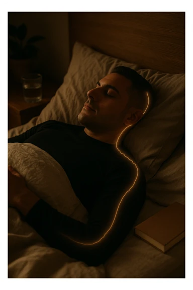 A cinematic close-up of a man in his early 30s sleeping peacefully on his back in a softly lit bedroom. His breathing is calm, chest rising slowly. The sheets are slightly crumpled, natural linen textures in warm beige tones. His face is relaxed, with faint light illuminating the side of his cheek and temple from a nearby window. Around his body, faint glowing lines follow the spine and head, symbolizing deep nervous system recovery and hormonal balance. On the nightstand: a glass of water, a book, and no electronics. The room is quiet and grounded, with natural elements like a small plant and a wooden headboard. Shot in 35mm cinematic style, with warm ambient tones, shallow depth of field, and a peaceful, healing atmosphere sticker