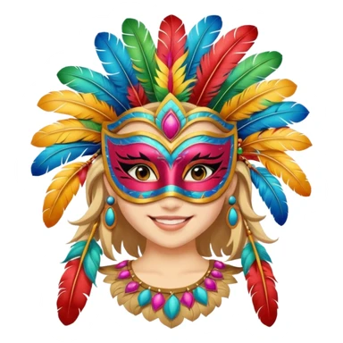 A girl wearing a decorated festival mask with bright feathers, smiling softly beneath it. sticker