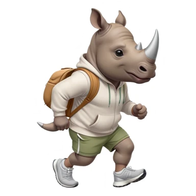 friendly anthropomorphised rhino jogging upright, wearing a hoodie and shorts, dark sunglasses, relaxed pose sticker