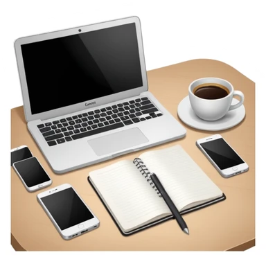 Laptop on the table, coffee and notebook sticker