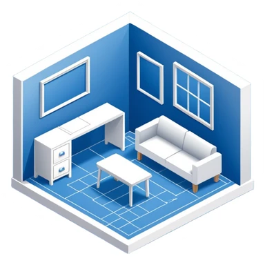 blue blueprint plan with white lines, isometric angle, shaded furniture or objects sticker