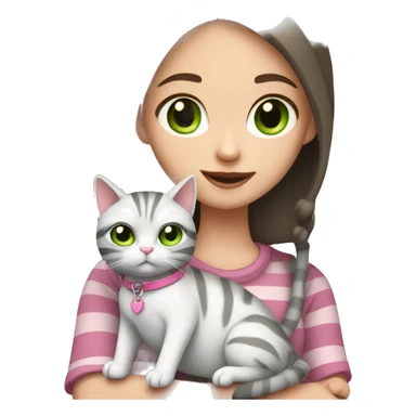 White skinned girl with green eyes and brown hair holding her grey stripy cat with a pink collar sticker
