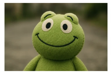 happy plushie Kermit the Frog face with emoji expression, soft and cute, plush toy style sticker
