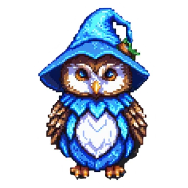 owl wearing a blue wizard hat pixel art sticker