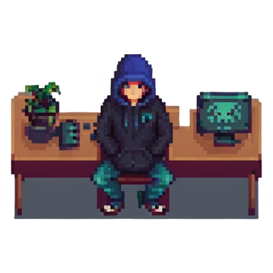 cybersecurity, hacker in hoodie at computer, pixel art style sticker