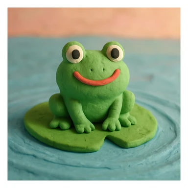 close-up of a smiling frog on a lily pad, gentle ripples in the pond, pastel background, claymation style sticker