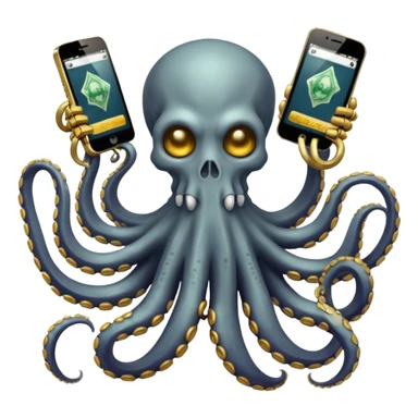 Intimidating octopus skeleton. Evil looking eyes, wearing a gold necklace. 2 tentacles are holding their own cellphones with one held up to its ear, 2 other tentacles are holding stacks of money sticker