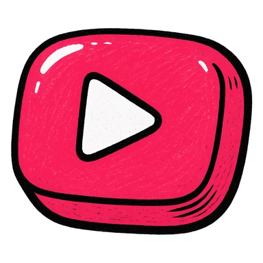 chubby red YouTube icon with thick black contours, strong shadows, shiny highlights, plump outlined dimensional style, no background, only the symbol sticker