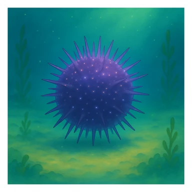 Another sea urchin in Ghibli style, underwater scene, round and spiky, with a soft glow, no text. sticker