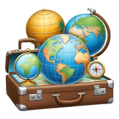 An icon featuring a suitcase, 1 globe, and a hotel building, symbolizing tourism and hospitality studies. The design includes a map and compass, representing travel research and industry analysis. Transparent background sticker