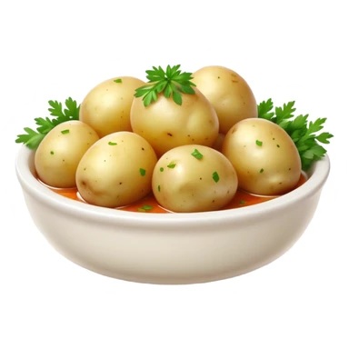 Cinematic realistic emoji featuring a dish of boiled potatoes with fresh herbs and spicy dressing, made with realistic details and bright natural lighting sticker