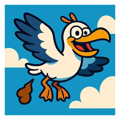 a seagull flying while pooping, colorful cartoon style, playful and exaggerated expression sticker
