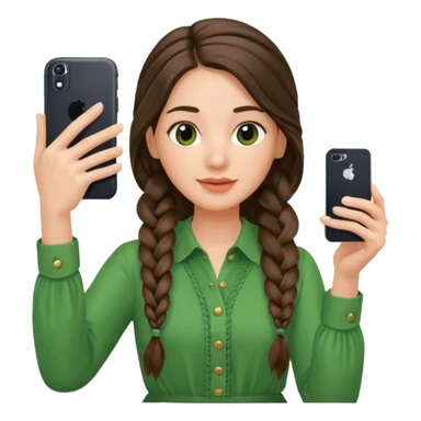 brunette long braided haired woman with green blouse holding her phone having selfie sticker