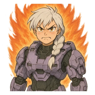 making an angry scowl, frown closed mouth, rage face, rage aura,  female, wearing reach spartan armor shoulder-unequip, long white braid hair with massive messy front side single bangs, gold yellow eyes, attention pose, D-cup size, HALO:series, no helmet, the armor is lavender color scheme, sticker