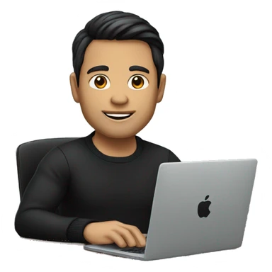     memoji of a man with a laptop in front, apple-style,modern,dark hair,black sweater,computer in hand,sitting on his desk sticker