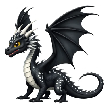 A dragon that is  black 🖤 with white spots. HUGE wings and a tail sticker