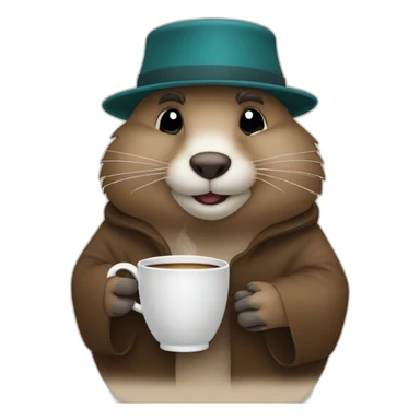 Sleepy groundhog in robe and cap holding cup of coffee sticker