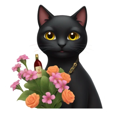 Black Cat holding flowers and a wine bottle sticker