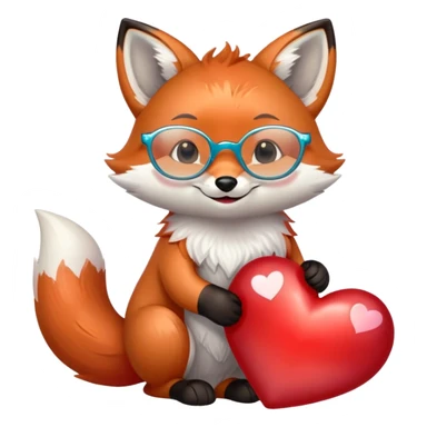 A dreamy fox with iridescent fur, a glowing tail, a silver star on its forehead, and round glasses, hugging a big red heart and smiling warmly. 🦊❤️ sticker
