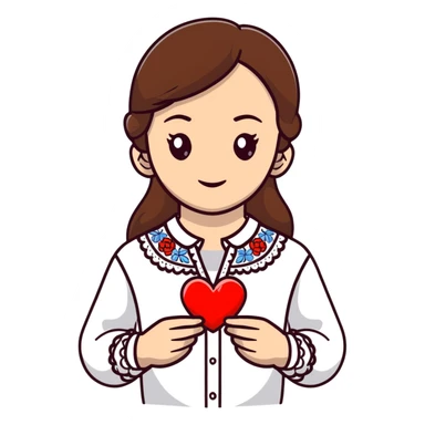 Beautiful young girl with brown hair in a white Ukrainian embroidered shirt holding a large embroidered heart sticker