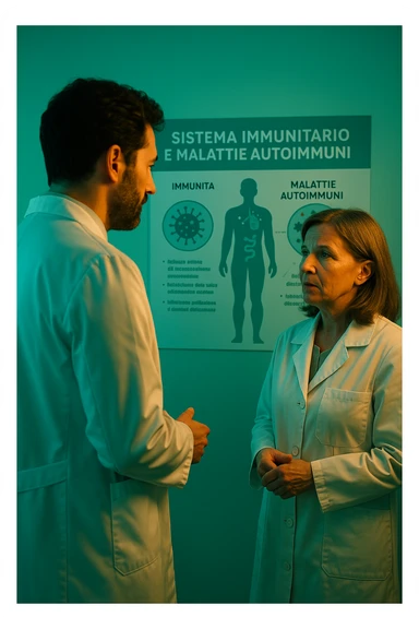 Realistic, detailed photo taken from behind of one doctor e un paziente —a bearded man and a middle-aged woman—standing and facing each other as they discuss an autoimmune disease diagnosis in front of a medical chart that displays information about the immune system and autoimmune conditions. The scene is illuminated by a yellowish, orange, warm light that softly envelops the doctors. The entire room is bathed in a single green-blue color, creating a cohesive and modern atmosphere. Both doctors wear white coats, and their body language suggests a serious, professional conversation about the complexities of autoimmune diseases. Shot with a Canon EOS R5, with high detail and natural depth of field. in italiano sticker